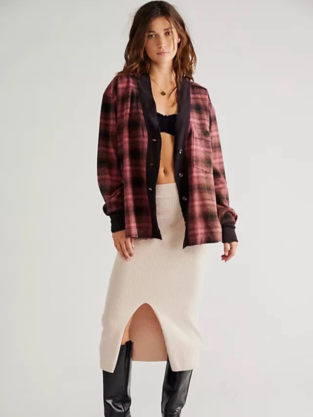 Free People We The Free Women’s Cardi Pink Plaid Long Sleeve Shirt Size Large